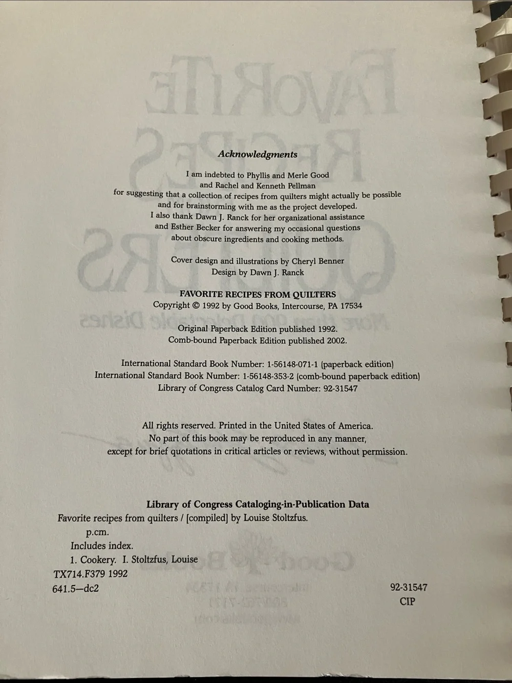 1992 Favorite Recipes from Quilters Spiral Bound Community Cookbook